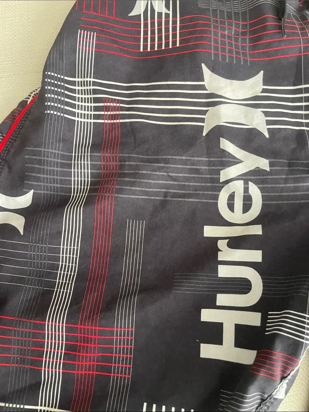 Hurley Black & Red Plaid Boardshorts with White Logos - Picture 3 of 6